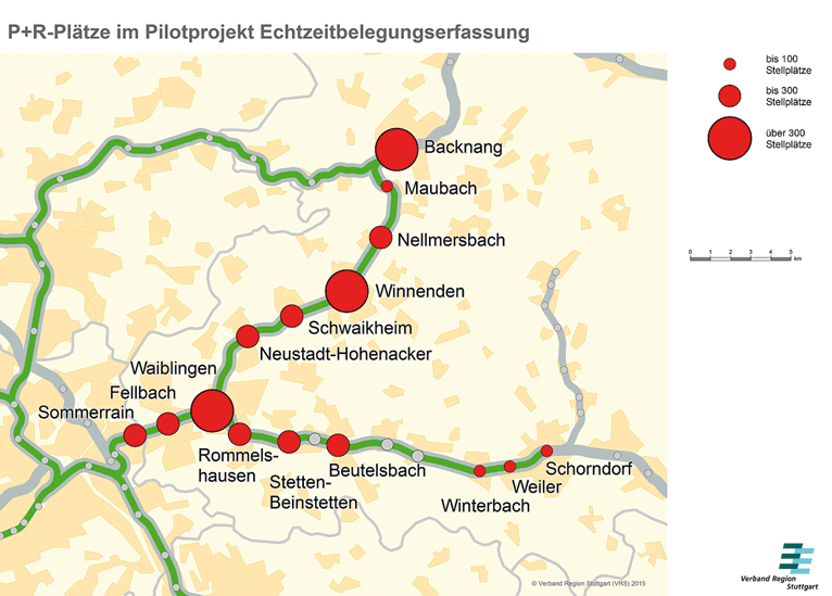 An 15 Park + Ride-Anlagen entlang der S-Bahn-Linien S2 und S3 des Verkehrs- und Tarifverbunds Stuttgart (VVS) soll die Parkplatz-Belegung mithilfe von Sensoren in Echtzeit kommuniziert werden. 